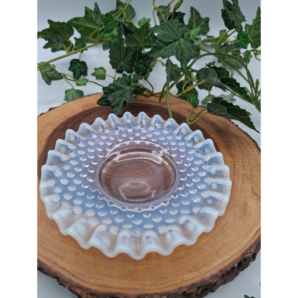 Fenton Moonstone Hobnail Opalescent Glass Ashtray Ruffled Edge Trinket Dish 6in